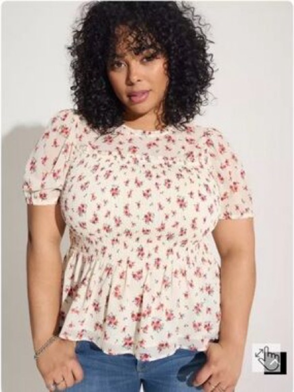 torrid Ivory Floral Ruffle Neck Blouse with Red and Pink Blooms